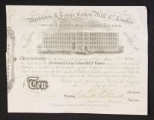 Middleton & Tonge Cotton Mill Co, Ltd. (Rochdale) Certificate for 5 shares - 1873. Superb view of