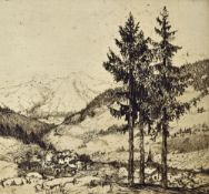 MM Rudge Signed Etching of 'An Alpine Village' signed below in pencil, measures 19x17.5cm approx.