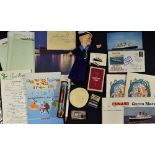 Cunard Line - Queen Mary Souvenirs and Ephemera to include 2x Enamel pin badges, a small soft doll