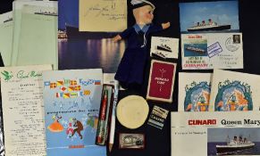 Cunard Line - Queen Mary Souvenirs and Ephemera to include 2x Enamel pin badges, a small soft doll