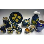 Selection of Modern Ceramics includes vases, tea/coffee set and plate with blue floral