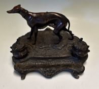 Bronze Dog Figure and Inkwell with bronze figure to centre and screwed to metal base, inkwell pots
