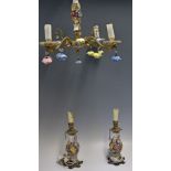 1920s Porcelain/Ormolu 4 Branch Chandelier measures 40cms spread, together with a matching pair of