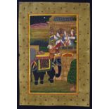 Indian Painting - 'Lovers Escape' depicts female leaving on elephant at night, painting with gold