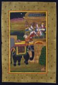 Indian Painting - 'Lovers Escape' depicts female leaving on elephant at night, painting with gold