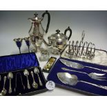 Selection of Silver Plate items to include toast rack, goblets, coffee pot, tea pot, fish servers