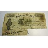 1887 Stockton on Tees Bank White £5 Banknote cancelled cut, prefix no AD0159 17th October with light