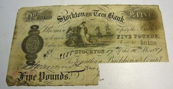 1887 Stockton on Tees Bank White £5 Banknote cancelled cut, prefix no AD0159 17th October with light