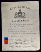 Guy's Hospital Certificate Of Honour to Mr H.Clarke, 3rd Year Student Oct 1873 - Impressive Vellum