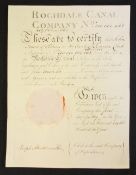 Rochdale Canal Company Certificate - for Six £100 shares made out to John Travis of Oldham. 1805.