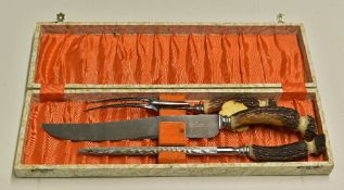 Stag Horn Carving Set include knife fork and sharpening steel, marked Warwick by Warriss,