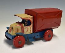 Marx Toys Tinplate Clockwork Van made in England in blue white and red with No 7 details to doors,