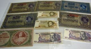 20th Century Austrian Banknotes to include denominations 10000, 1000, 50000 and 20 (10)