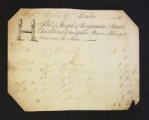 Very Early Printed Bill - Bought of Joseph & Benjamin Smith Distillers At Ye Two Golden Pots In