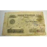 1887 Lynn Regis and Norfolk White £10 Banknote prefix no A10273, 18th October, for Jarvis &