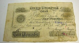 1887 Lynn Regis and Norfolk White £10 Banknote prefix no A10273, 18th October, for Jarvis &