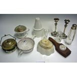 Late 19th Century Kitchenware together with a pair of Silver Hallmarked candle sticks, includes
