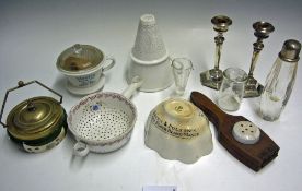 Late 19th Century Kitchenware together with a pair of Silver Hallmarked candle sticks, includes