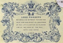 A 'Thank you' Card sent by Lord Norreys, the eldest son of the Earl of Abingdon, to his supporters