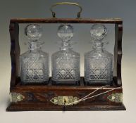 3x Cut Glass Decanters and Tantalus with EPNS fittings and marks, handle to top, comes with key,