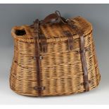 Old English Wicker Creel: Perfect style creel with reversed hinge opening, slot to lid c/w leather