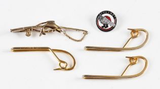 5x various fishing related tie pins: 3x D Mustad stamped gold plated tie pins 2.5" ; Rod and Fish