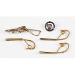 5x various fishing related tie pins: 3x D Mustad stamped gold plated tie pins 2.5" ; Rod and Fish