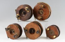 Collection of Wooden and Brass star back reels (5): ranging from 3.5" to 5" - one Slater style