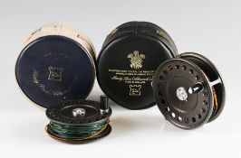 Hardy St John MK.II alloy fly reel and spare spool: 3 7/8"dia post-war model with alloy foot, two