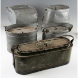 Live Bait Kettles (5): interesting collection to incl elongated green painted oval tin with mesh lid