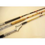 3x various glass fibre sea rods to incl interesting Martin James Stabilizer with chrome off set reel