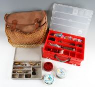 Large Brady canvas and leather tackle bag and fishing accessories: good fish/game bag containing