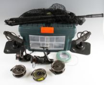 Fishing Tackle Box, reels and accessories: to incl 3x Intrepid fly reels with line; 2x spinning