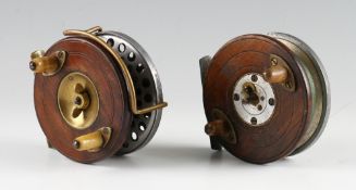 2x Wooden and Alloy combination reels c.1930: 3.5" narrow drum with alloy 4x screw drum release