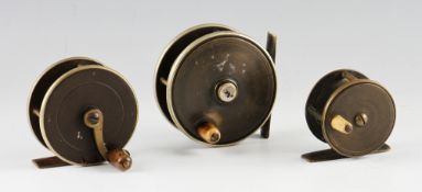 3x interesting brass trout fly reels: to incl 3" brass and ebonite with nickel silver rims to