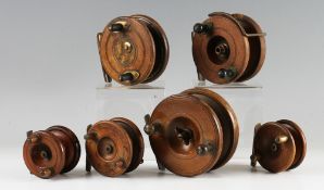 6x various Nottingham wooden reels: ranging from 2.5" to 4.5": all with faults-one stamped