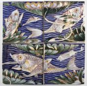 Set of 4x Persian Fish enamel wall tiles - replica William De Morgan in amethyst, turquoise and