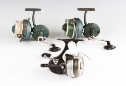 Early French Spinning Reels: 2x Pezon et Michel Luxor reels in green, one with a folding arm; and