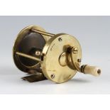 Early Haywood Maker brass multiplying winch reel c. 1820: 2 1/8" dia x 2 3/8", curved crank wind arm