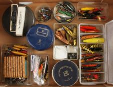 Stacking box of spinning tackle, Hardy reel cases et al: 2x Hardy padded reel cases, 6x various