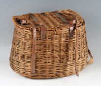 Creel: A rare Hardy Houghton Trout Fishers' wicker creel - fish slot to the lid, c/w leather