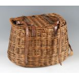 Creel: A rare Hardy Houghton Trout Fishers' wicker creel - fish slot to the lid, c/w leather