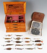 Small Wooden Bait Box and Lures: containing 24 various lures incl Abu and Allcocks with colorado,