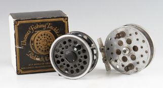 2x Centre Pin reels: K Dowling & Sons 4" alloy trotting reel, twin faded black ebonite handles -