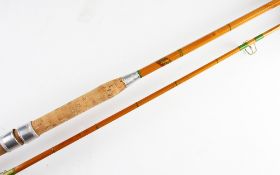 Fine Allcock "Easicast" split cane spinning rod: 9ft 9in 2pc piece with green whipped guides and