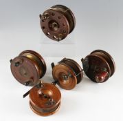 Collection of Wooden and Brass star back reels (5): ranging from 4" to 4.5" - one Slater style