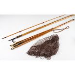 Collection of early fishing accessories (3); fine wooden and brass folding landing net c/w brass