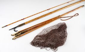 Collection of early fishing accessories (3); fine wooden and brass folding landing net c/w brass
