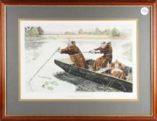Fishing Etching: hand coloured and titled "A Little Help Is Worth A Deal Of Pity" from the