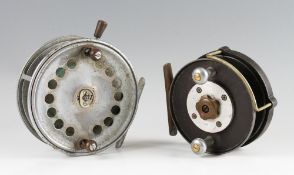 2x vintage unnamed alloy sea reels: alloy 6"dia with s single row perforations to the faceplate,